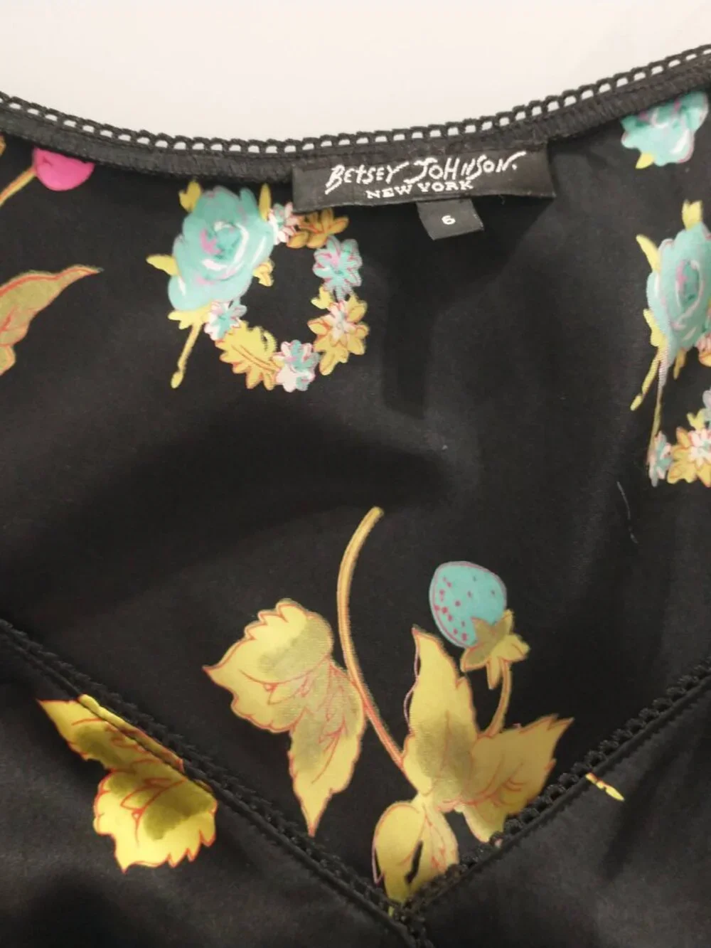 VTG 90s Betsey Johnson Black Silk Cherry Strawberry Floral Fruit Slip Midi Dress